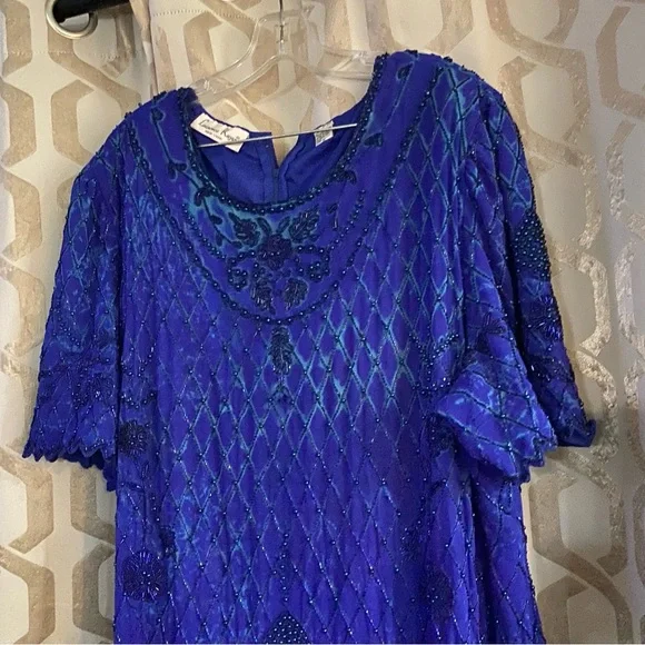 Vintage Laurence Kazer New York Y2K 100% Silk Elegant Blue Beaded Dress Size 3X - Picture 3 of 15